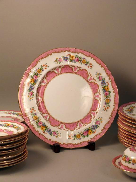 80 Piece Crown Staffordshire Dinner Set: Lyric/Tunis (Scalloped). Pink edge & verge, Floral Sprays Rim. 12 Dinner Plates, 12 Salad Plates, 12 Bread/Butter Plates, 13 Soup Cup Saucers, 12 Soup Cups, 12 Tea Cups, 12 Saucers, 2 Creamers, Dinner