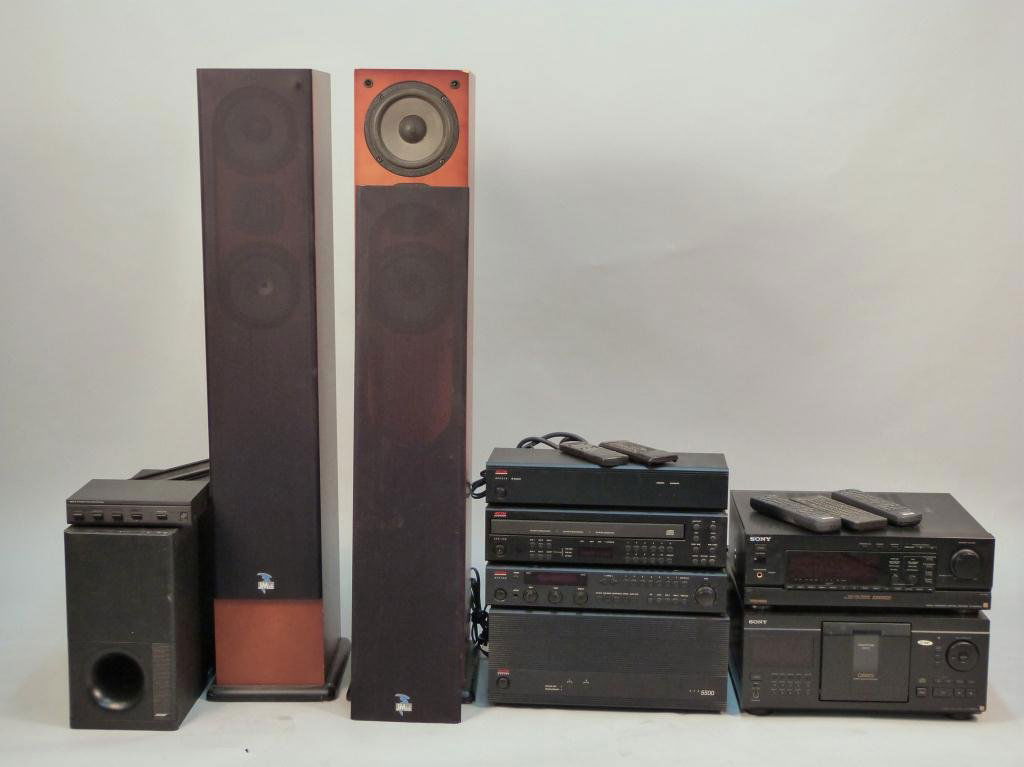 10 Piece Stereo System: Includes Bose Sub Woofer, Pair JM Lab 45 Tall Speakers, 4 Adcom components, 2 Sony components including 5 Disc Changer and 5 remote controls, Jacks"