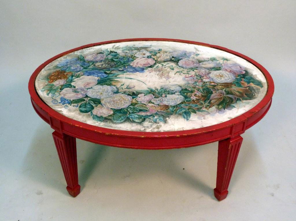 Venetian Painted Oval Cocktail Table: Eglomise floral top. 37L x 29"W x 16"H"