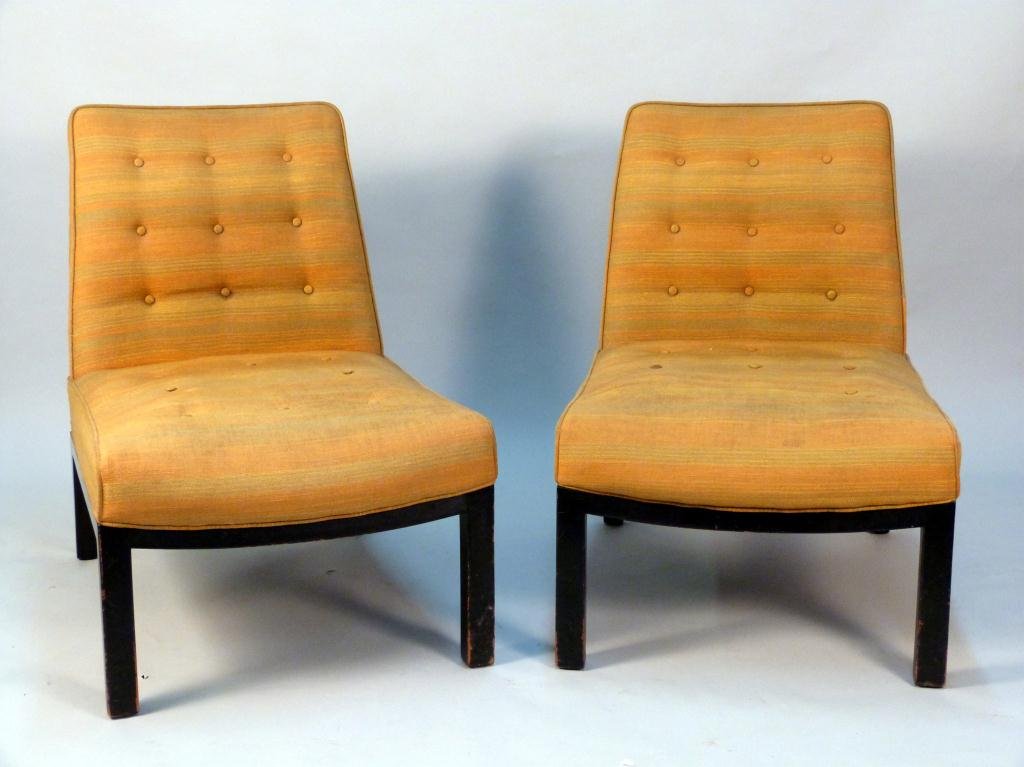 Pair Edward Wormley for Dunbar Slipper Chairs: Needs re-upholstery. Structurally sound. 23W x 33"D x 31"H"