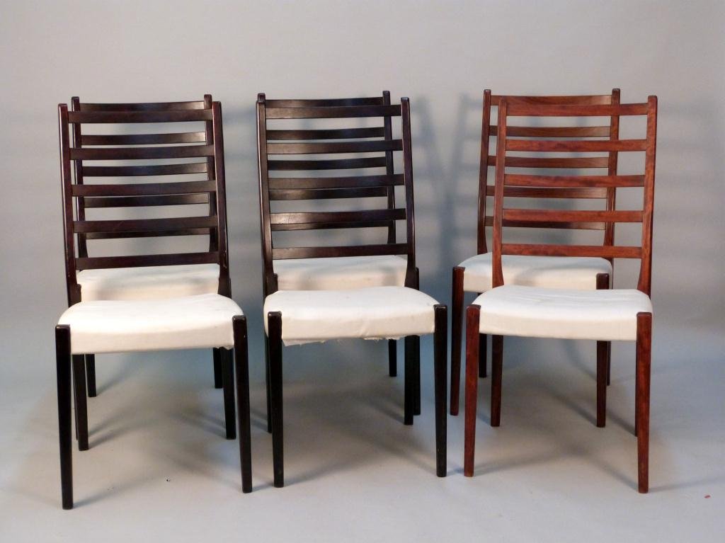 Set of 6 Svegards of Sweden Dining Side Chairs: 2 Teak, 4 Rosewood. Ladder back. Marked: Svegards Markaryd Made in Sweden. 18W x 15 1/2"D x 37"H"