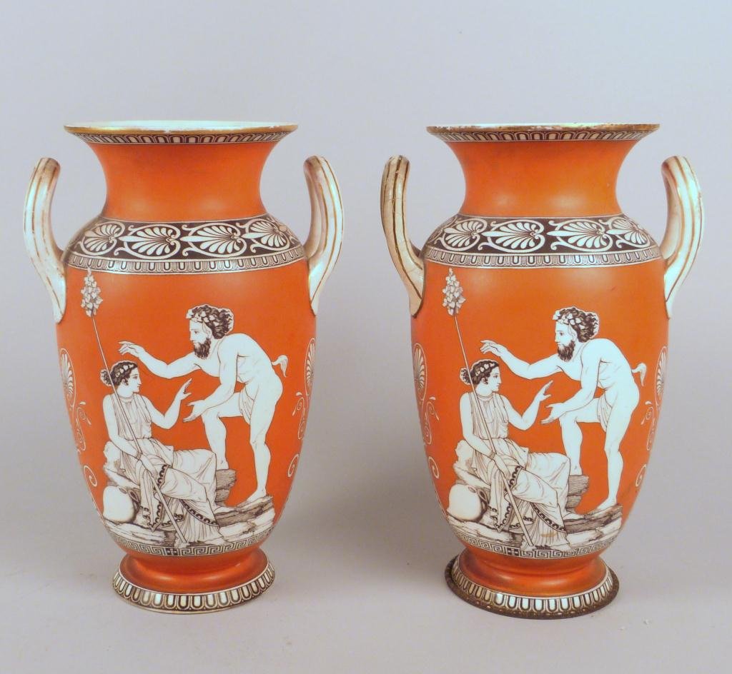 Pair Grecian Style Vase Lamp Bases: One Handle as is. 11H (Drilled as lamp bases)"