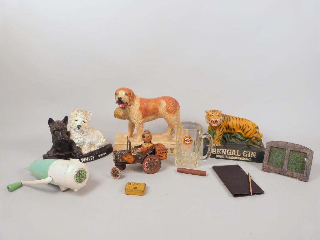 Assorted Collectibles - incl. Tin Wind Up: Including Hennessy Brandy St. Bernard, Black & White Scotch Dogs, Daizey Torpedo Ice Crusher, A&W Root Beer Mug, Bengal Gin Tiger, Louis Marx Tin Joy Rider Car