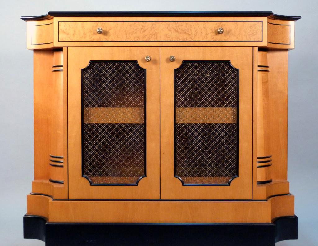 Art Deco Style Credenza: Satinwood with ebonized trim, in the Biedermeier manner. Fitted flatware drawer. 50W x 20 1/2"D x 45"H"