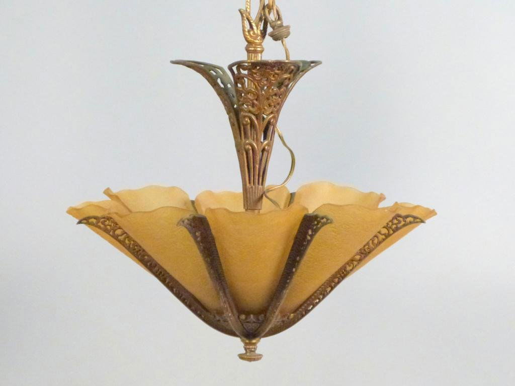 Art Deco Gilt Metal Framed Fixture: Frosted glass slip in shades. 19D x 15"H"