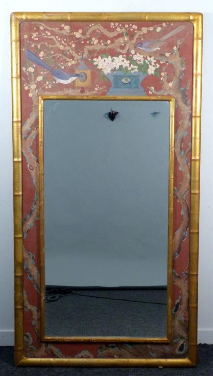Faux Bamboo Orientalist Framed Mirror: Hand painted panels. Gilded. 80H x 42"W"