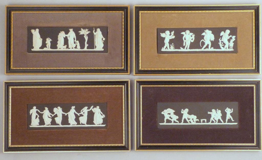 Set of 4 Wedgwood Plaques: Black Basalt Jasperware. Maternal Affection", "The Seasons", "Blind Man's Bluff" (loose), "Dancing Hours". 3"H x 8 1/2"W (7 3/4"H x 13 3/4"W)"