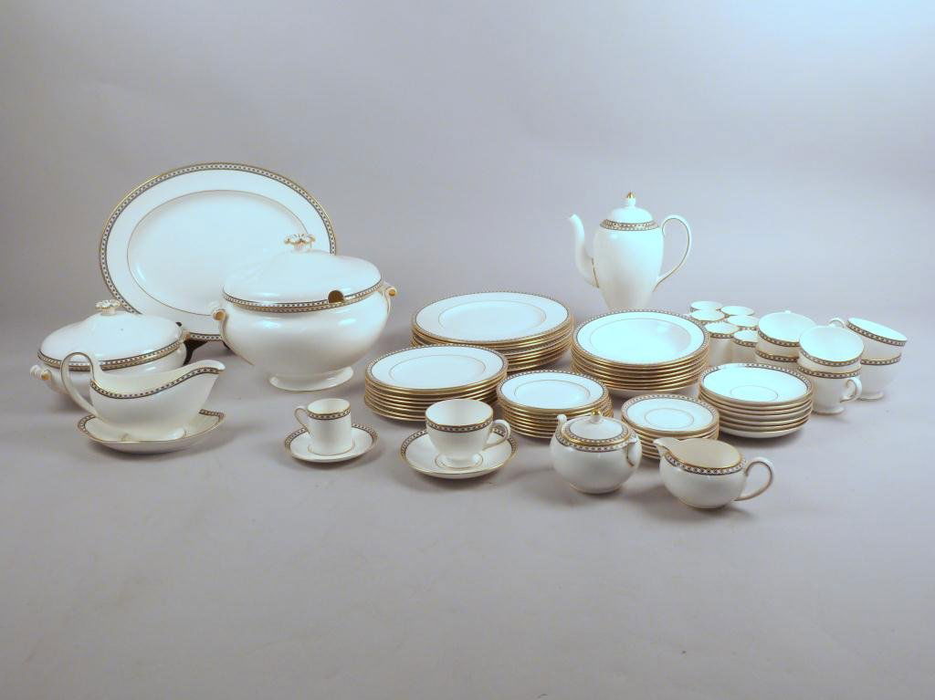71 Piece Wedgwood Black Ulander Dinner Set: 71 Pieces includes 8 Dinner Plates, 8 Salad Plates, 8 Soup Bowls, 8 Bread/Butter Plates, Large Tureen, Small Covered Dish, Large Oval Platter, Sugar Bowl, Gravy Boat, Creamer, Coffee Pot, 8 Tea Cups &