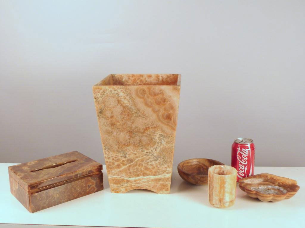 Attributed to Sherle Wagner Onyx Bathroom Set: 5 Pieces: Waste Basket, Cup, Soap Dish, Tissue Holder, Shallow Bowl