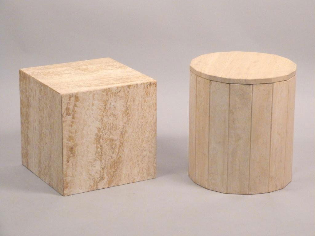 2 Travertine Marble Stands: Cube: 14 Square Round: 14 1/2"D x 16"H"