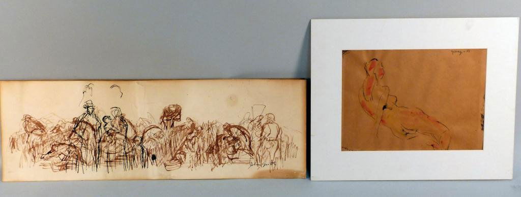 2 Unframed Abstract Works on Paper: One Signed lower right John Groth (American 1908 - 1988) 10H x 30"W - Unsigned: 10"H x 14"W"