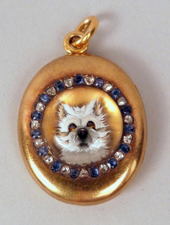 14K Gold Locket with Essex Crystal Dog Mount: Inside cover inscription with an ages baby photo.