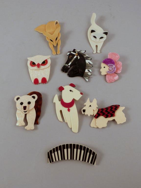 9 Art Deco Style Ladies Celluloid Brooches: Celluloid 8 Figural signed Lea Stein Paris Owl, Scotty, Horse Head, Dog, Cat, Bear, Fox, Flapper Signed Lea Stern, Paris. Piano signed Jean Marie Poinot Paris.