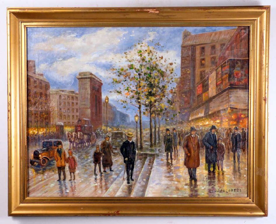 Signed Edouard Leon Cortes (French 1882-1969) -Oil: Oil on canvas - Paris street scene with figures in foreground. 22 X 29" (27 X 34)"