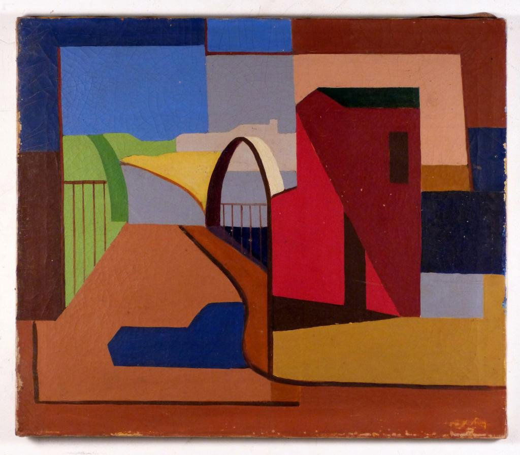 Signed Henryk Stazewski (Polish 1894-1988) - Oil: Oil on canvas - Abstract. Signed and dated on verso H. Stazewski 1955, h 27. With markings on stretcher. 24 X 28" unframed."