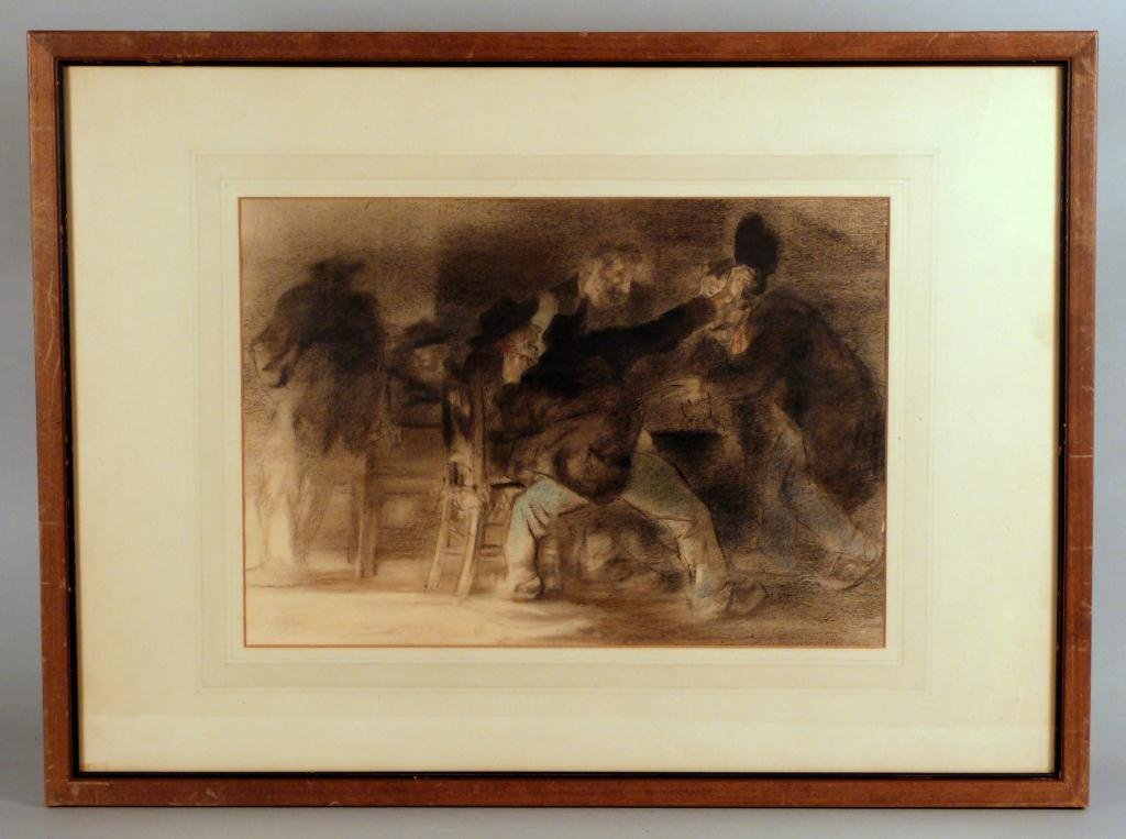 Water Color / Mixed Media - Laughter"": Men laughing at a table. Inscription on back from estate of Guy meyer" Framed and matted under glass - 10" X 14" (17" X 23")"