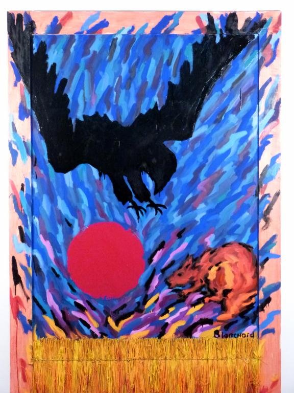 Large Mixed Media on Wood - Oil an Straw: Silhouette of an Eagle catching a mouse. Signed lower right Blanchard (or Blanchord) - 79 X 52""