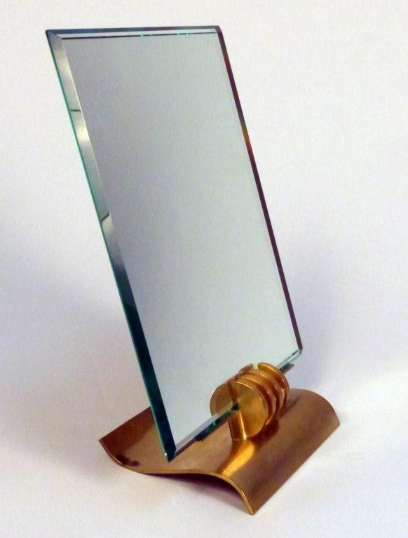 Fantastic Mid Century Gilt Bronze Table Mirror: Extremely high quality manufacture. Slight pitting on back sloped base. Springer manner. 8 1/4W x 11"H. Mirror slips into base. Slight chip on mirror."