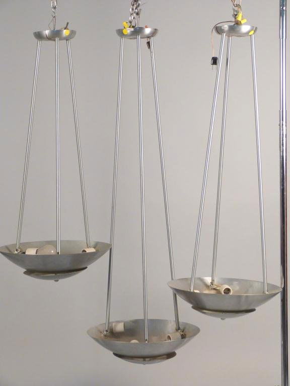 Set of 3 Art Deco 3 Light Fixtures: brushed alloy. 16D x 35"H, 16"D x 40"H, 6"D x 50"H"