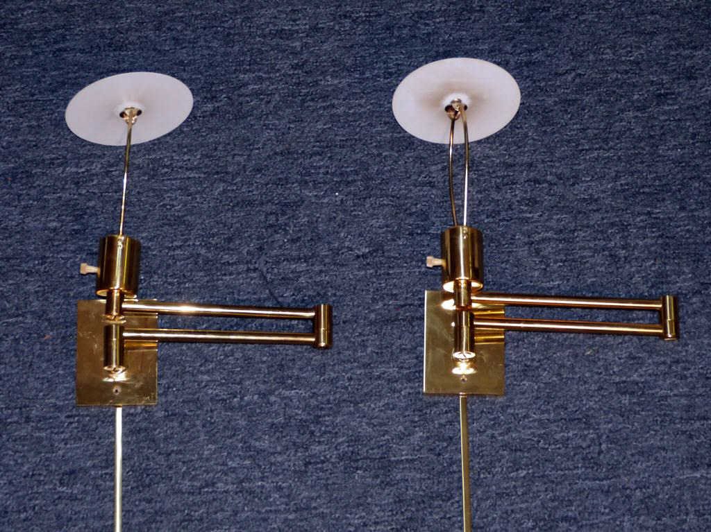 Pair Hansen NY Brass Swing Arm Lamps: Swings out to 20. Height from Lamp to bottom of brass 44" - No shades."