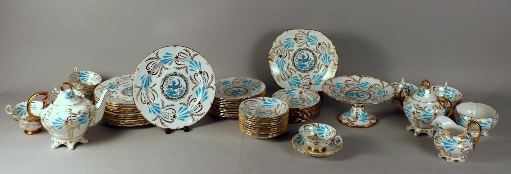 66 Piece Royal Chelsea Dinner Set: Bird of Paradise, Turquoise Pattern. Gilt in good condition. 66 Pieces. Service for 12. Including 12 Dinner Plates, 12 Salad Plates, 12 Bread/Butter Plates, 12 Cups, 12 Saucers, Sugar, Creamer, Tea Po