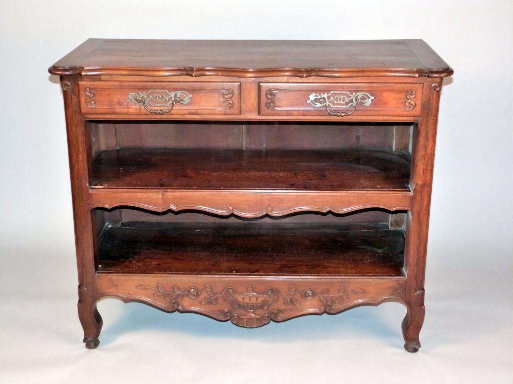 French Provincial Style 2 Drawer Buffet: 2 Open shelves and 2 half top drawers. Carved. 49 1/2W x 22"D x 40"H"