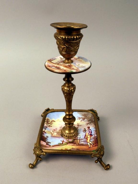 Antique French Enameled Candlestick: Splay leg feet. 7H"
