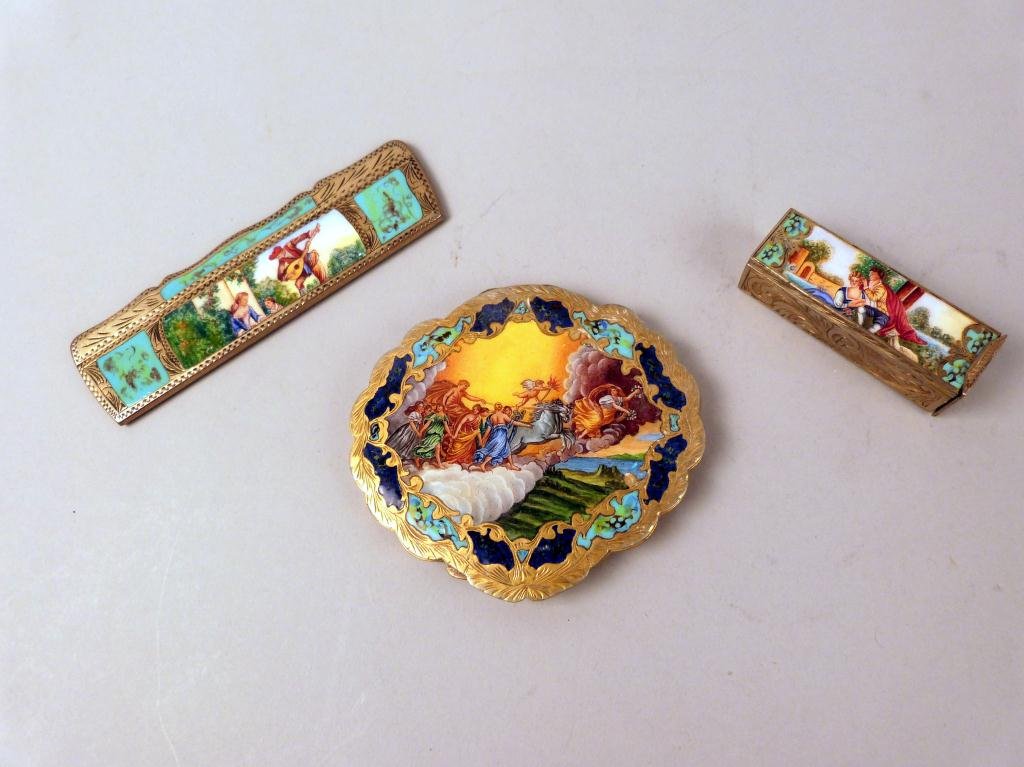 3 French Enameled Ladies Accessories: Comb, Comapct, and Lipstick case.