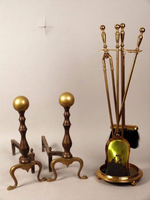 Colonial Style Ball Top Andirons and Fire Tools: Brass ball finials. (Assembled Set)18L x 7"W x 17"H"