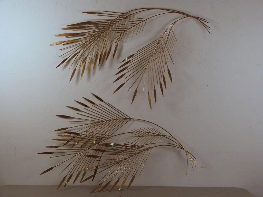 Two Curtis Jere Style Brass Wall Mounts: Palm Fronds. Approximately 30H x 48"W"