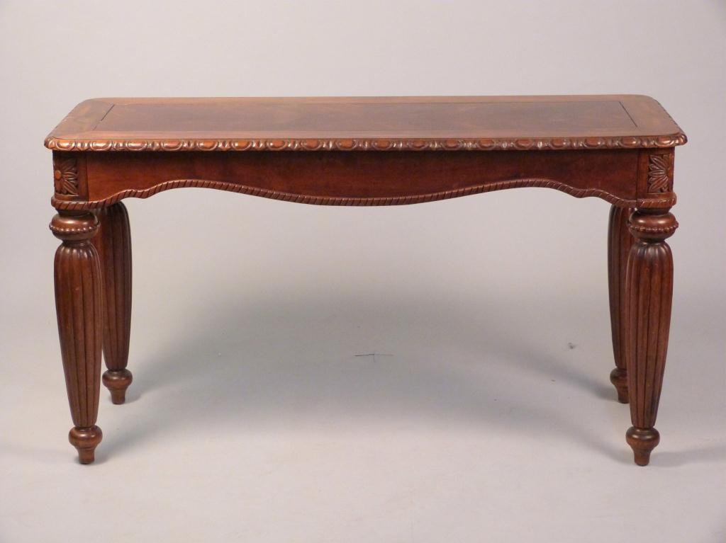 Sheraton Style Console Table: Tapered round fluted legs and corner carvings. 54L x 19"W x 31"H"