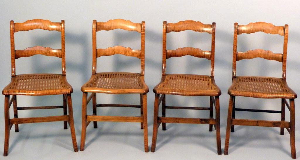 Set of 4 Antique American Tiger Maple Chairs: Caned Seats. Ladder Backs. 17 1/2W x 16"D x 32"H"