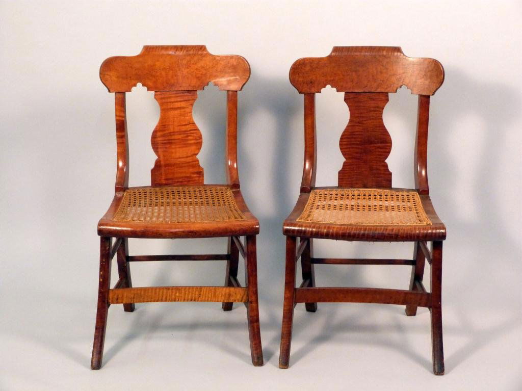 Pair Antique American Tiger Maple Chairs: Caned seats. Open Fiddle Backs. 17 1/2W x 16"D x 32"H"