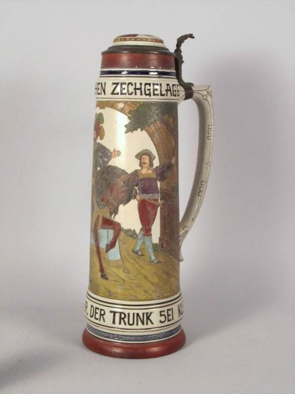Tall German Ceramic Stein: Beer Stein, Zun Frolichen Zechgelage" "Die Rede 5EI Wahr, Der Trunk 5EI Klar", Ceramic with Pewter Top. Stamped Germany. 19 1/2"H"