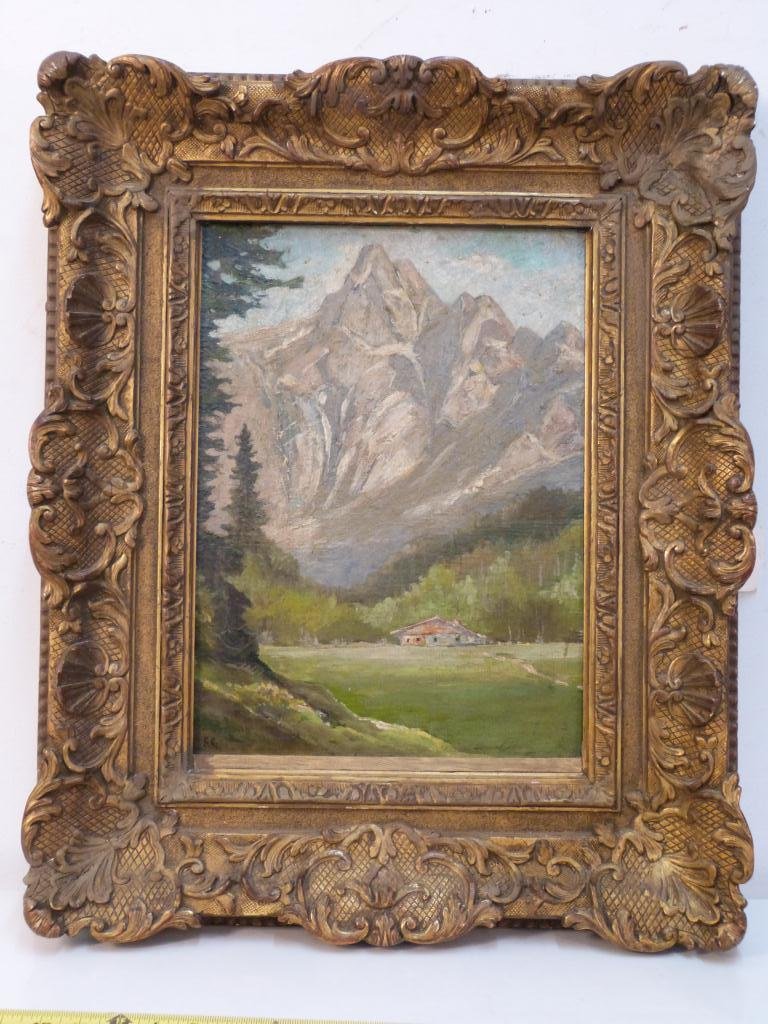 Attr. Richard Scholz - Oil on Board: Alpine Landscape with House. Signed Lower Left. S.R. 16H x 12"W (26" x 22"). Letter on Back."