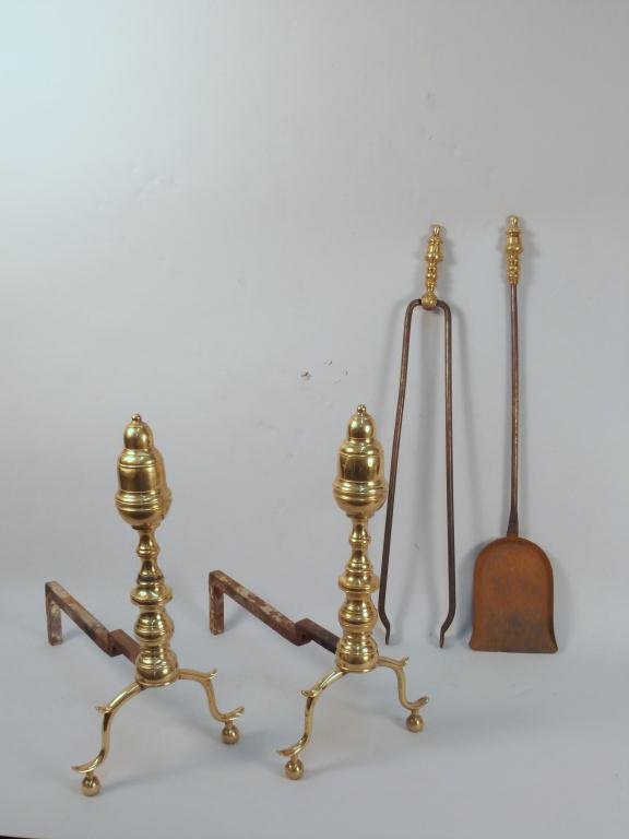 Pair Andirons & Two Firetools Tools: Brass tops.