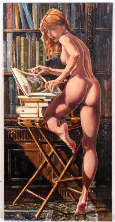 Robert Sarsony (American, b. 1938) - Oil: Study of a Female nude in library, Titled on Verso In the Library, 1987." 48"H x 24"W - Dyansen Gallery Label - Provenance - Estate of Nathan Ancell, Co-Founder of Ethan Allen Furniture Company."