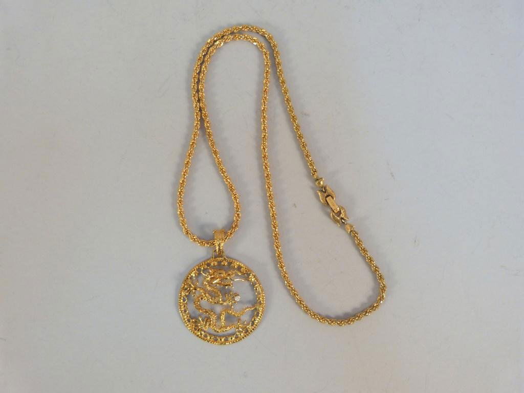 Monet Gold Filled Necklace: Dragon Pendant with Clear Stone. 27 Chain"