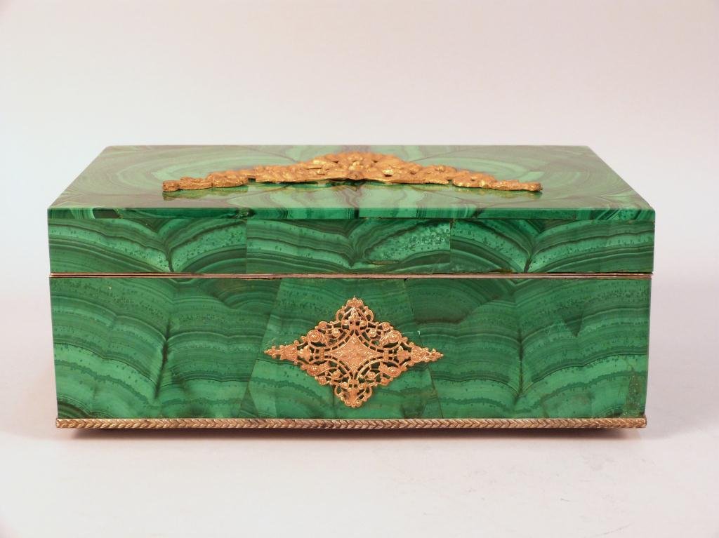 Russian Malachite and Bronze Box: Interior Silver with neo-classical scene. 10W x 6 1/2"D x 4"H"