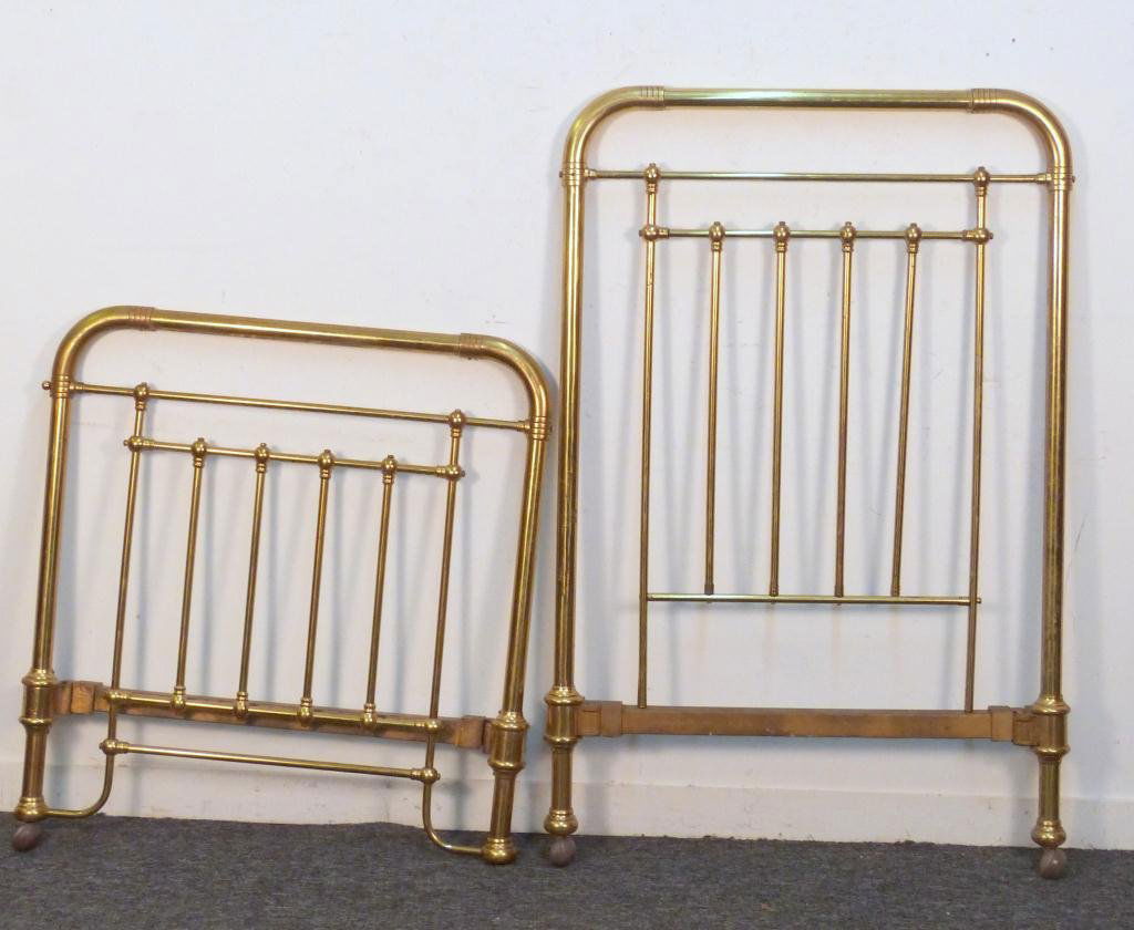 Antique Brass Twin Style Bed Frame: Headboard: 35W x 56"H, Footboard: 35"W x 39"H - Missing one foot."