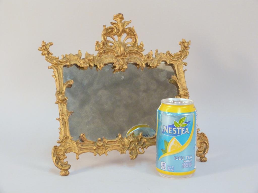 French Style Table Easel Mirror: Gilt Metal. 12"W x 11"H