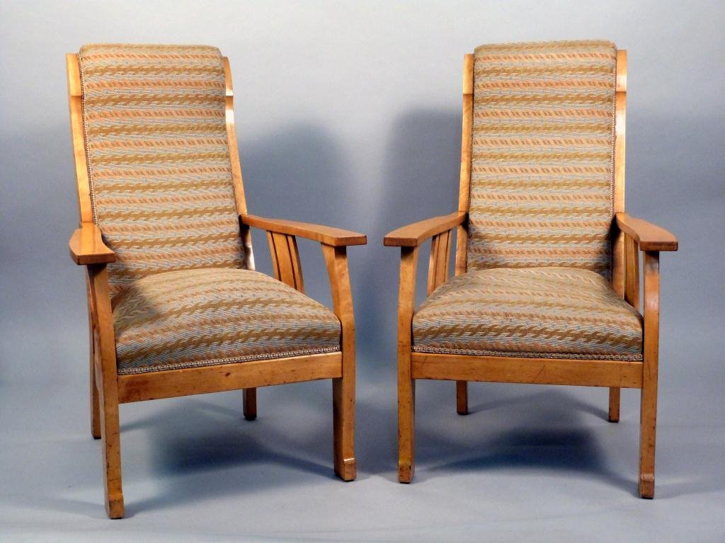 Pair Biedermeier Library Arm Chairs: Sloping backs and slotted sides. Cushions need reconditioning. 26" wide X 31" deep X 42" tall.