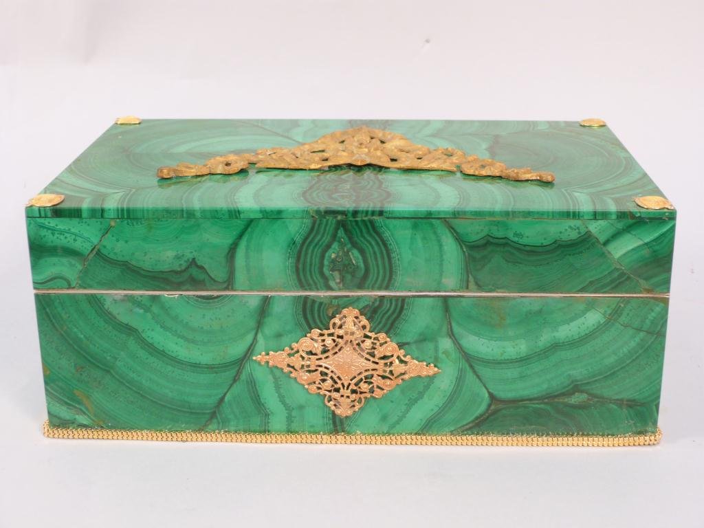 Russian Malachite and Bronze Mounted Box: Silvered bronze interior depicting a Greco-Roman murder scene. 10"L x 6 1/2"D x 4"H