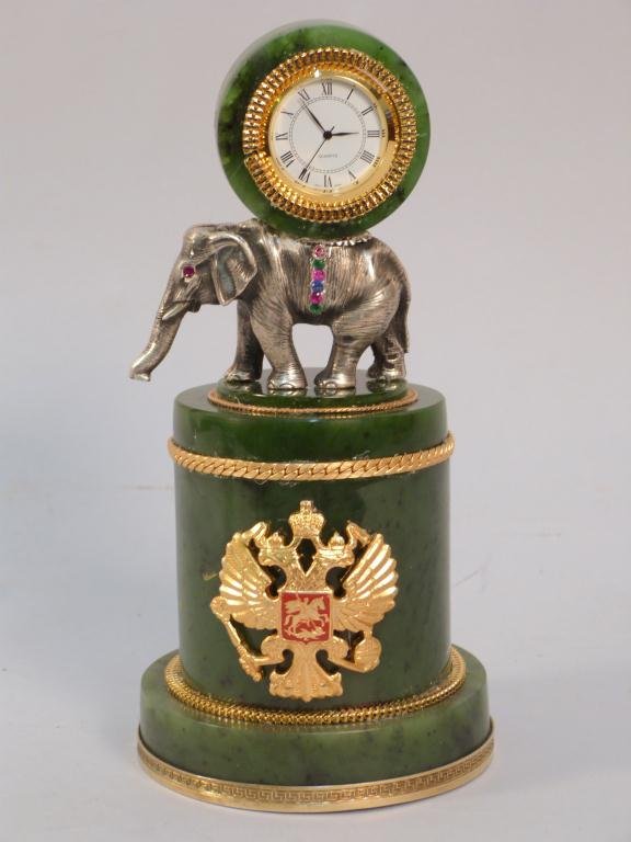 Russian Nephrite & Bronze Figural Clock: Silvered bronze and jeweled Elephant. Fairly recent reproduction. Quartz inset clock. 8"H