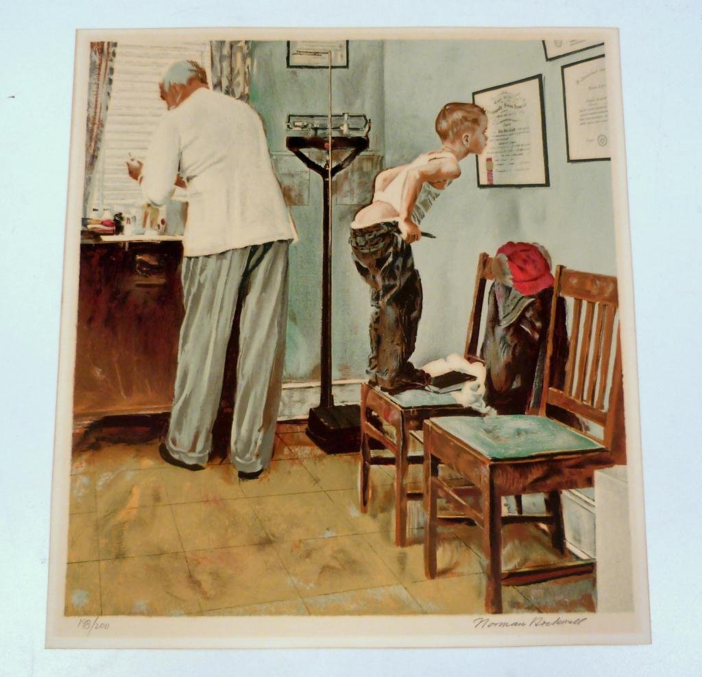 Norman Rockwell - Lithograph- "Before the Shot": Color Lithograph, Pencil Signed. 198/200. 22"H x 20"W. Perhaps one of the most famous and recognizable Norman Rockwell image. * This lithograph is either sun faded or age faded. *