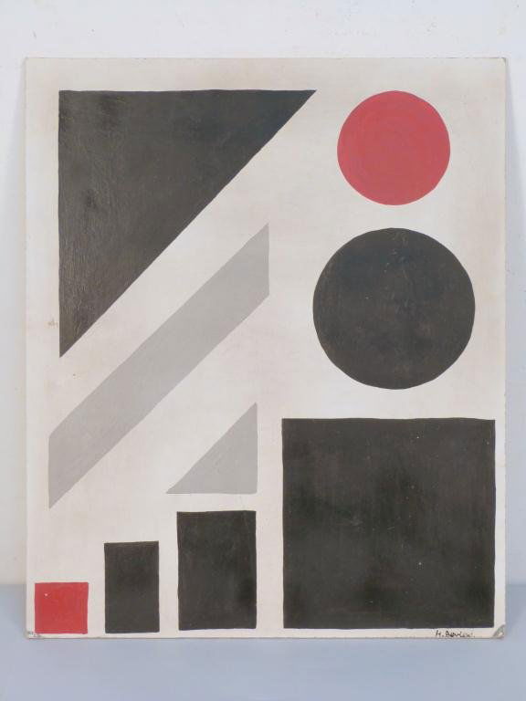 Henryk Berlewi (Polish 1894-1967) Oil on Board: Geometric study of shapes. Needs Cleaning. Signed Lower Right. 23"H x 19"W. Torn label on back.