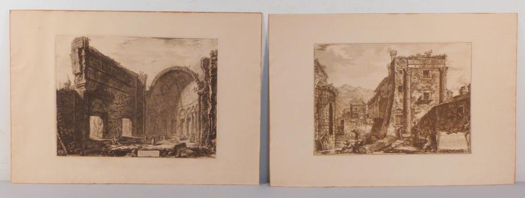 Pair of Piranesi Etchings - Ruins: Right corner of each having a raised seal. Unframed. 16"H x 22"W image (25" x 35" paper), 17"H x 23"W image (25" x 35" paper)
