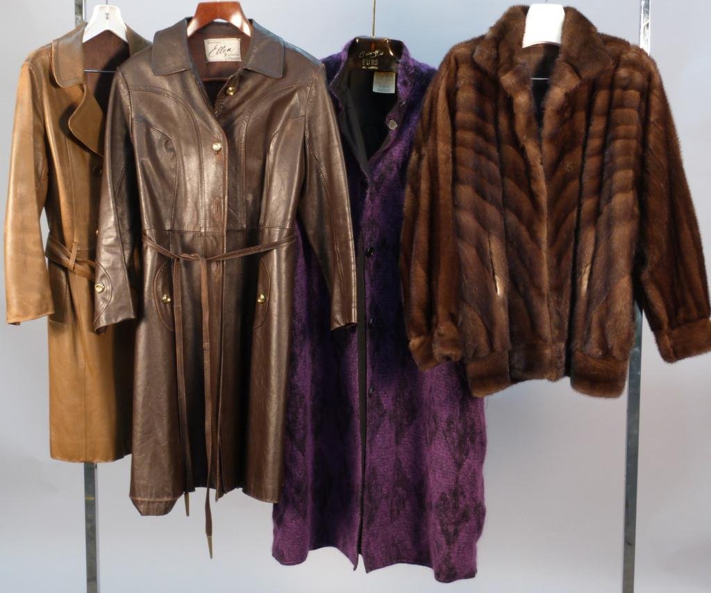 Four Assorted Jackets & Coats: Waist Length Fur Coat, Two Leather Jackets, and a Givenchy Purple Fabric Overcoat