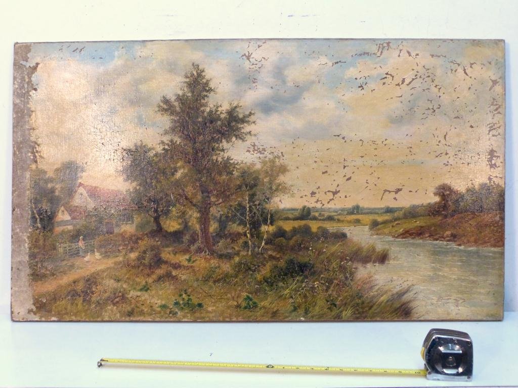 4 Oils on Canvas - 19th and 20th Century - AS IS: 1st - Cottage by Stream - 24 X 42" 2nd - S. Kerman - Waterfall - 21" X 16" 3rd - C. T. Mitchell - 16" X 24" 4th - C. W. '97 - Sunset - 9" X 16""