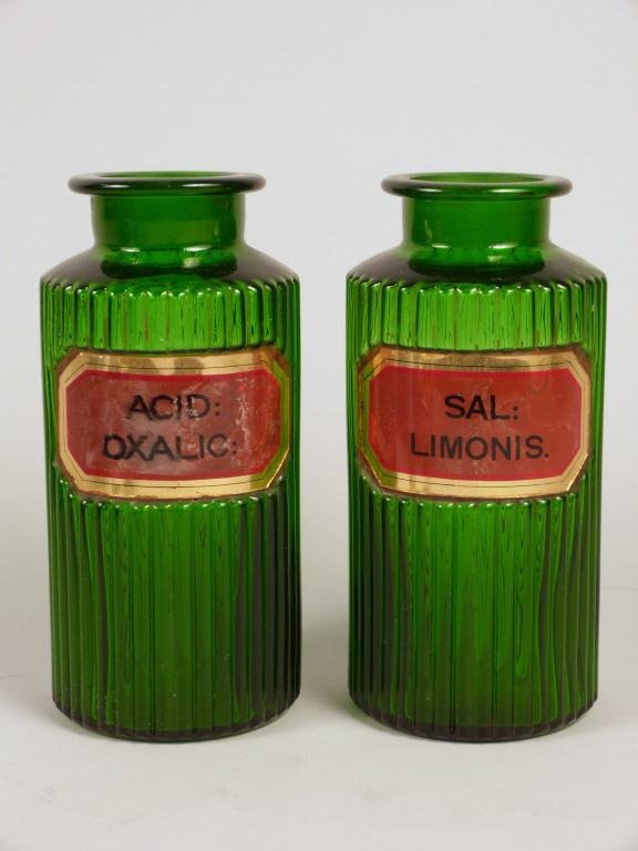Pair French Green Glass Apothecary Jars: 7 3/4H. No tops. (Kew Gardens Estate)"